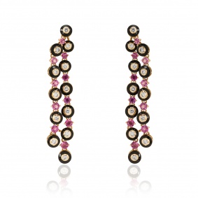 Yellow Gold Pink Sapphire, Onyx & Diamond Drop Earrings Yellow Gold Pink Sapphire, Onyx & Diamond Drop Earrings